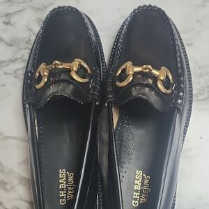 G.H. Bass Black Loafers with Gold Accent